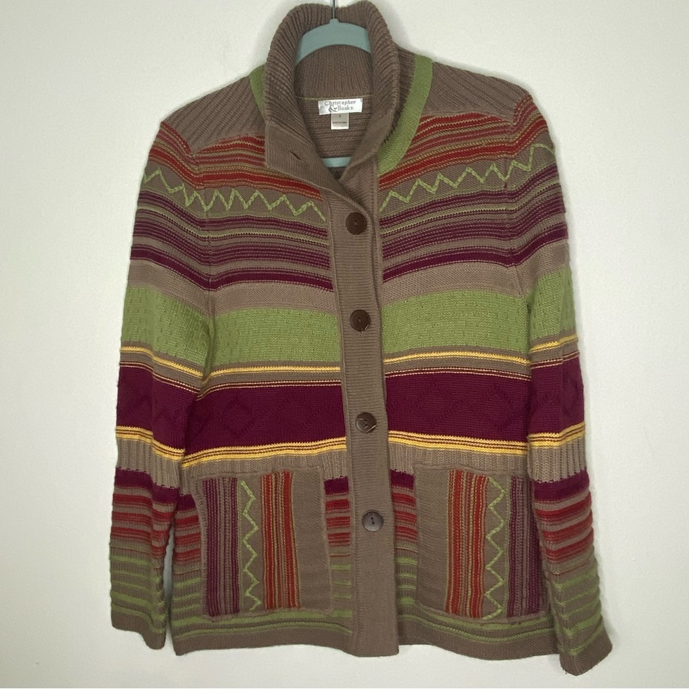 Christopher & Banks Wool Blend Color Block Chunky Knit Cardigan Sweater Sz S